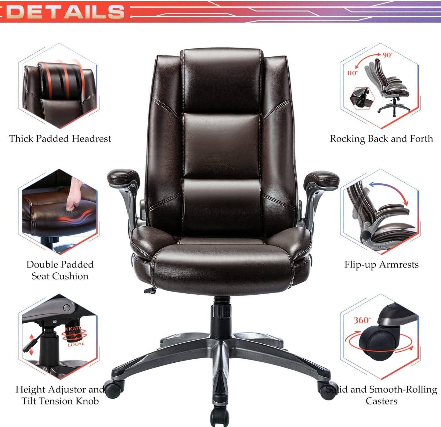 Office Chair High Back Leather Desk Chair, Flip-Up Arms Adjustable Swivel Executive Chair Thick Padding for Comfort and Ergonomic Design for Home Office, Brown