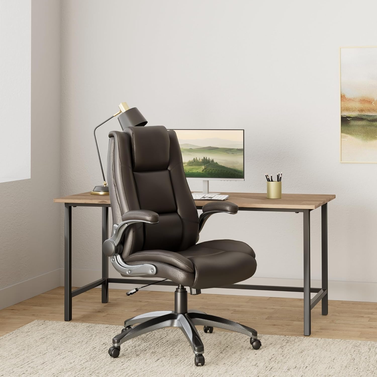 Office Chair High Back Leather Desk Chair, Flip-Up Arms Adjustable Swivel Executive Chair Thick Padding for Comfort and Ergonomic Design for Home Office, Brown