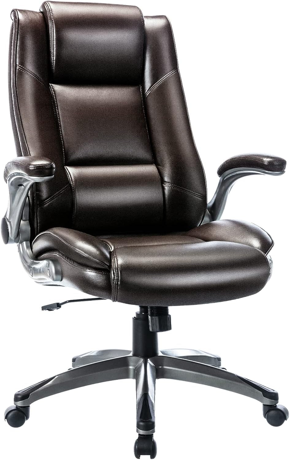 Office Chair High Back Leather Desk Chair, Flip-Up Arms Adjustable Swivel Executive Chair Thick Padding for Comfort and Ergonomic Design for Home Office, Brown